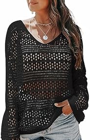 Dokotoo Women's Summer Crochet Hollow Out Blouse Shirts Casual Long Sleeve Beach Bikini Swimsuit Mesh Cove