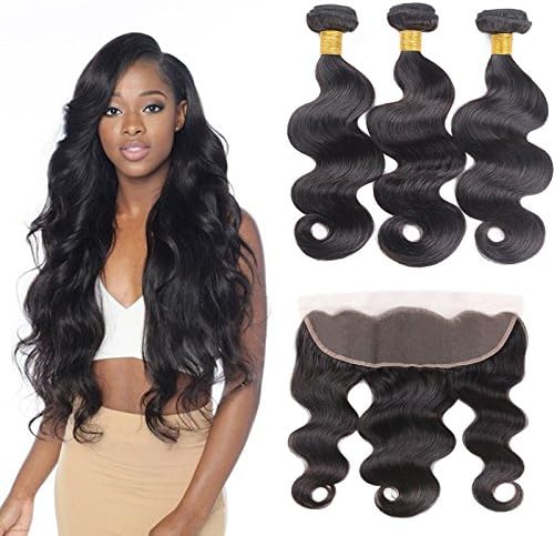13X4 Lace Frontal Closure with Bundles of Brazilian Virgin Hair Body Wave 3 Bundles with Frontal Closure Ear to Ear 100% Unprocessed Virgin Human Hair Nature Color (10 12 14+10)