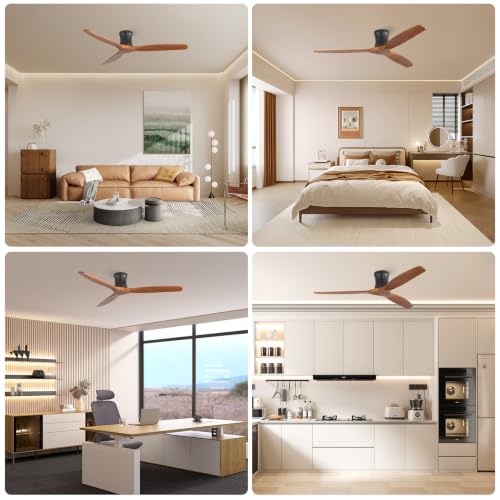 Sofucor 132cm Ventilador de Techo con Mando a Distancia, Madera Maciza Ventilador de Techo sin Luz, Silencioso DC, Temporizador, 3 Temperaturas de Color, 6 Velocidades para Salones
