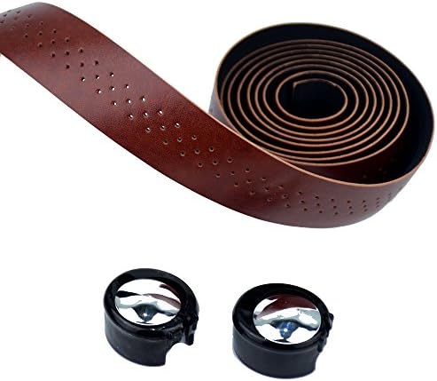 One Pair Bicycle Bar Handlebar tape PU leather Road bike bar wrap with 2 plug (Brown)