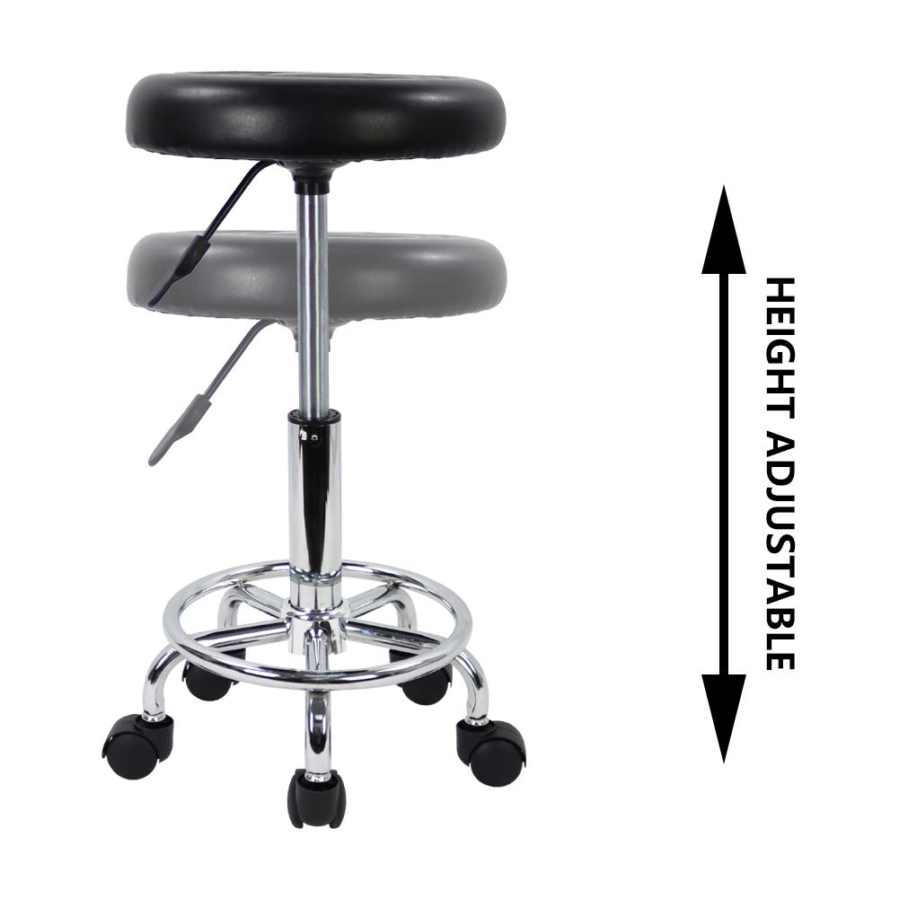 KKTONER PU Leather Modern Round Rolling Stool with Footrest Height Adjustable Spa Drafting Salon Tattoo Work Massage Stools Task Chair Small (Black): Furniture & Decor