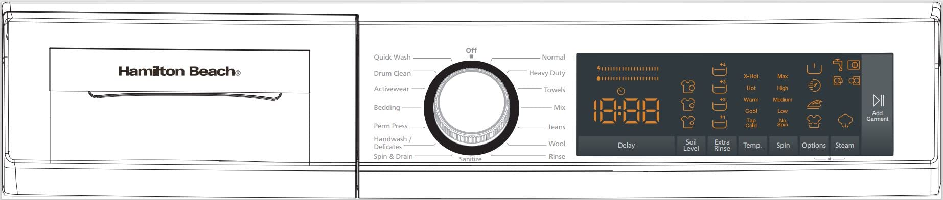 Hamilton Beach HBFW3205 Fullsize Washer-LED Digital Display Panel-5 Wash Cycles-Front Load Design-2.2 cu ft, 24 inch Wide, White