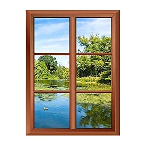 Wall26 Removable Wall Sticker/Wall Mural - Lush Green Woodland Park Reflecting in Tranquil Pond in Sunshine - Creative Window View Vinyl Sticker - 24"x32"