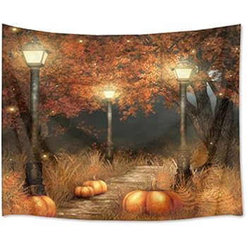 HVEST Fall Tapestry Thanksgiving Wall Tapestry Night Tapestry Wall Hangings Maple Trees and Pumpkins on The Footpath Wall Blanket for Bedroom Living Room Dorm Decor, 80Wx60H Inches