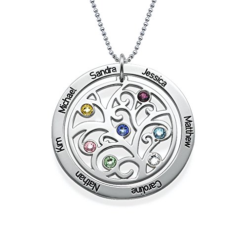 Family Tree Pendant with Swarovski Birthstones - Sterling Silver Necklace For Mom with Any Name