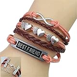 JQUEEN Best Friend Double Heart Silver Plated Infinity Charms Leather Bracelet