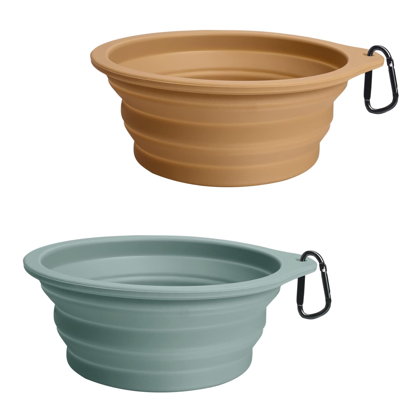 Photo 1 of PetBonus 2-Pack Large Silicone Collapsible Dog Bowls, 34oz/1000ml BPA Free Portable Foldable Travel Bowl for Pet Cat, Food Water Feeding Dish for Camping with 2 Carabiners (Turquoise, Tan)