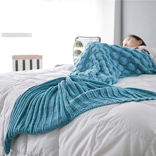Mermaid Tail Blanket, Saplit Handmade Knitted Warm Sofa Quilt Living Room Sleeping Bag for Adults and Kids 180cm x 90cm (Light blue)