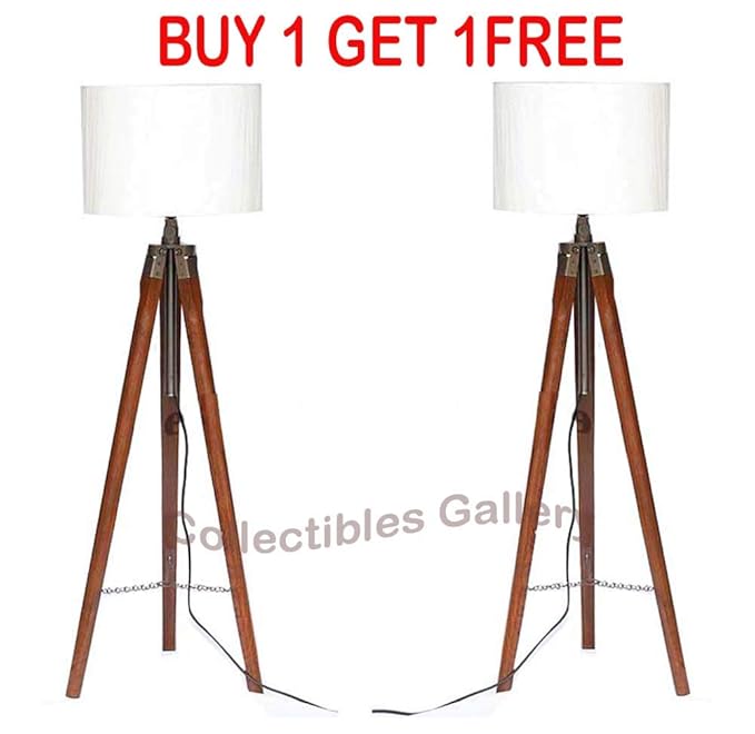 Collectibles Gallery***** New Year Special**** Wooden Tripod Floor Lamp Stand with Off White Shade and Bulb