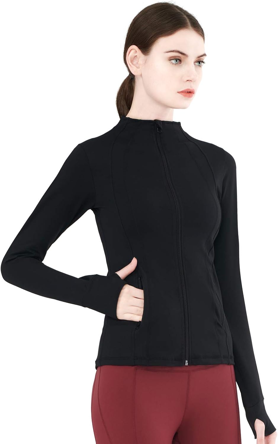 Zeronic Women's Collar Pockets Casual Zip Jacket with Thumb Holes at  Women’s Clothing store