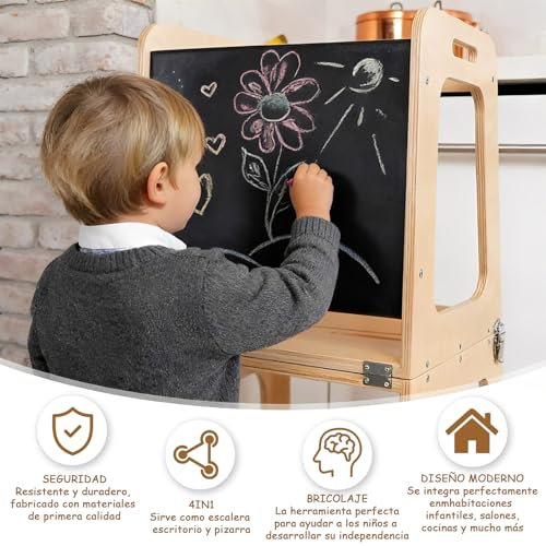 YISHEN 4In1 Torre de Aprendizaje Montessori,Torre Montessori para Niños Antideslizante,Torre de Aprendizaje con Tablero Blanco y Negro,Ajustable en Altura,con Pincel y Borrador,para Niños de 1a3 Años