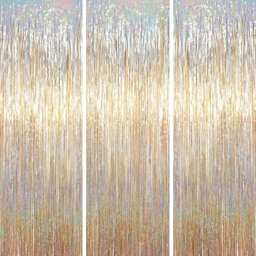 3 Pcs Champagne Gold Tinsel Curtain Backdrop, Tinsel Streamers Party Decorations, Fringe Backdrop for Birthday, Champagne Foil Fringe Backdrop Curtains for Anniversary Wedding Supplies (3.28 x 6.56 ft