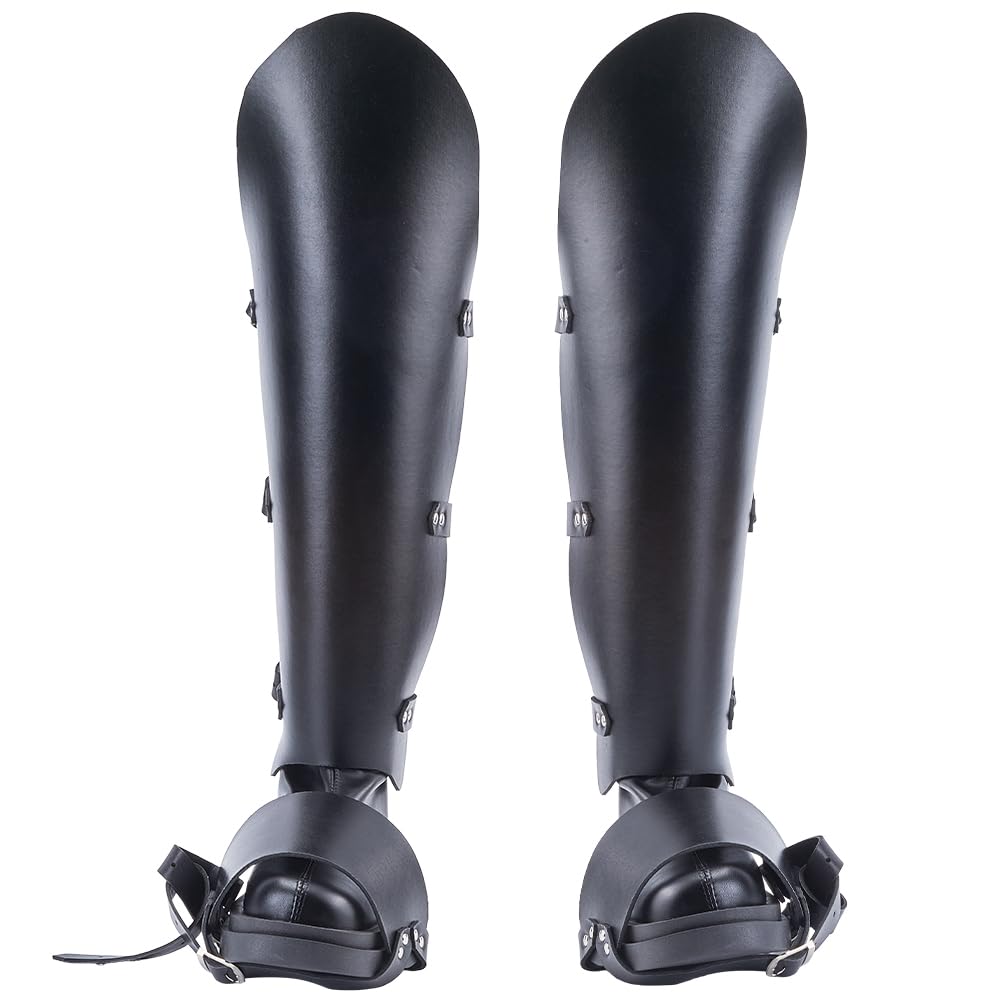 GORGECRAFT 2PCS Medieval Viking Boot Covers Black Faux Leather Adjustable Belt Buckle Boots Armor Leg Wraps Renaissance Pirate Steampunk Leg Guards Gaiters for Halloween LARP Knight Cosplay Costume