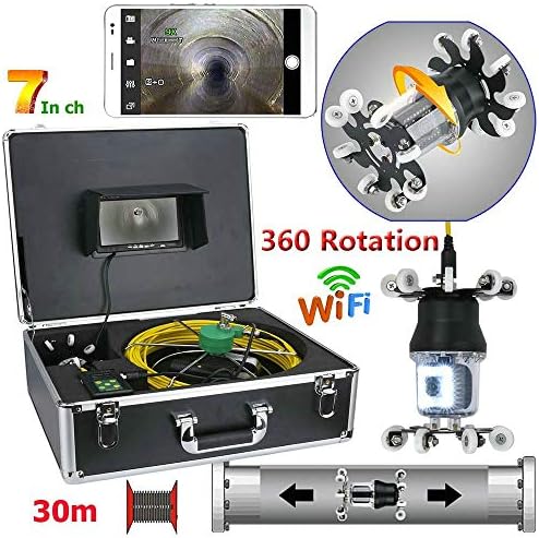 7inch WiFi Pipe Inspection Video Camera Drain Sewer Pipeline Industrial Endoscope Support Android/iOS 360 Rotation 30M HD CCD 800TVL