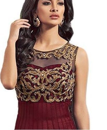 pramukh fashion women's net gown with jacket (coper maroon)