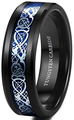 Tungary 8mm Mens Tungsten Carbide Rings Dragon Wedding Engagement Band Blue Black Beveled Edge Size 10