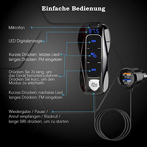 Bluetooth 5.0 FM Transmitter, SONRU Bluetooth Auto Radio Adpter Freisprecheinrichtung Dual USB Ports (QC3.0/2.4A) mit 1.1M Kabel, A2DP Crystal Sound Qualität, Spannungsanzeige, TF Karte Play