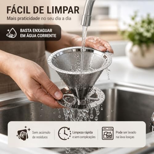 Coador de Café Inox 103 Premium Reutilizável – Filtro Permanente em Aço Inoxidável Sem Papel, Café Mais Puro e Saboroso, Econômico, Ecológico, Super Durável e Fácil de Limpar