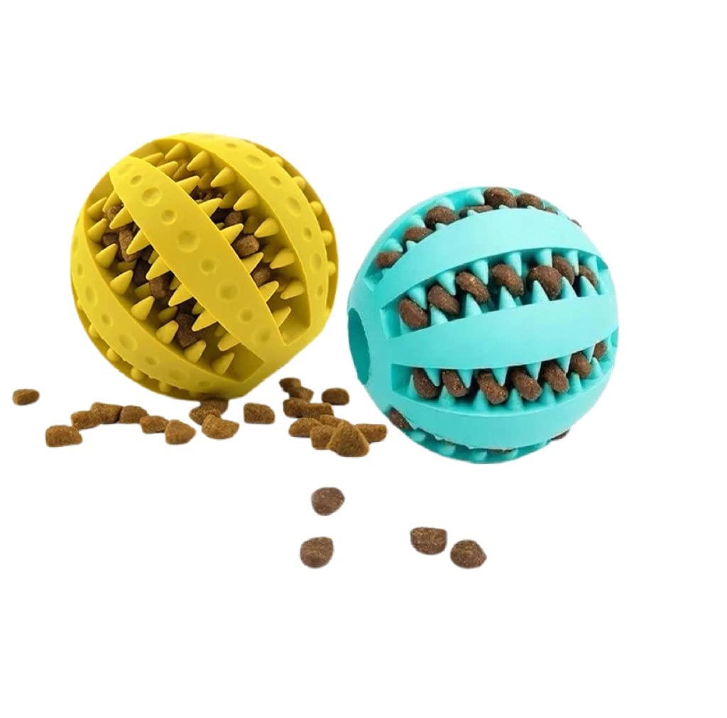 Dog Toy Ball Nontoxic Chew Tooth Cleaning Feeder for Dog and Puppy Cat (5 CM SMALL, LIGHT BLUE & YELLOW)