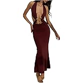 WDIRARA Women's Cut Out Tie Backless Halter Maxi Dress Sexy Sleeveless Ring Linked Fishtail Bodycon Dresses
