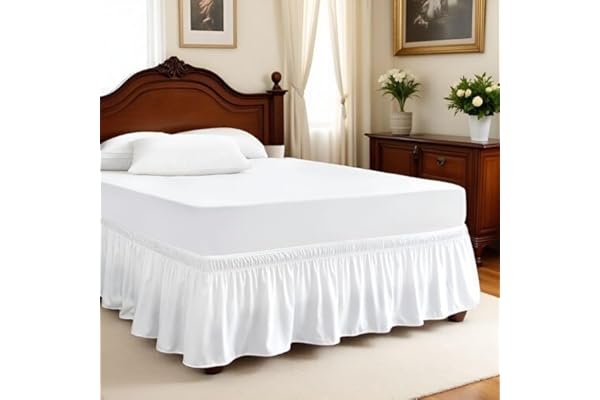 Elastic Wrap Around Bed Skirt - Easy Fit with 15-Inch Tailored Drop, Hotel Quality Dust Ruffle for Full Size Bed (White, Quee