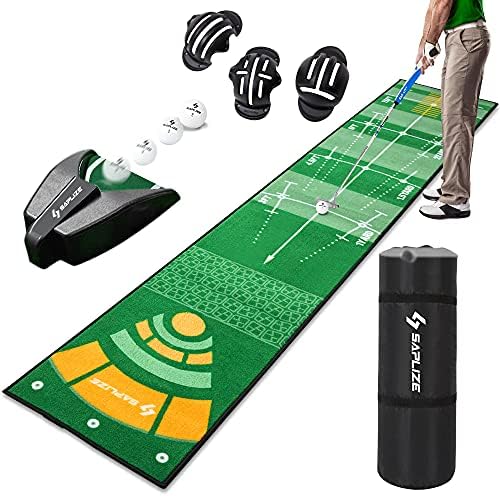 SAPLIZE Golf Putting Training Mat with Auto Ball Returner Bundle, 20 in X 10 ft, 3 Golf Balls and Golf Ball Line Marker Tools Included, Anti-Slip Backing Indoor/Outdoor Golf Putting Green