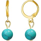 Healing Natural Stone Earrings for Women Real Crystal Turquoise Moonstone Lapis Lazuli Amethyst Black Obsidian Ball Drop Dangle Hoop Earring Gemstone Jewelry for Women