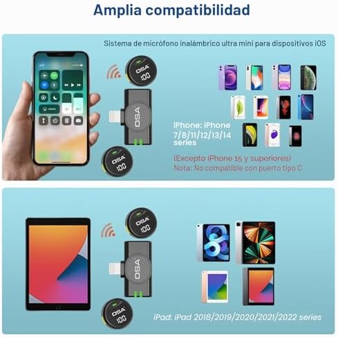 Micrófono Lavalier para iPhone y iPad, Mini micrófono de Solapa inalámbrico, batería de 40 Horas para grabación de vídeo, entrevistas, podcasts, Youtube, Vlogs
