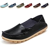 LINE BLUE Women's Genuine Leather Cowhide Lace Up Loafers Casual Shoes Indoor Flat Slip-on Casual Flat Driving Loafers Slippers,black,42