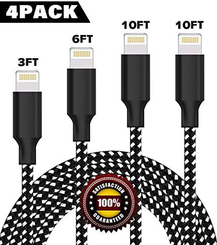 BULESK Lightning Cable 4Pack 3FT 6FT 10FT 10FT Nylon Braided Certified iPhone Cable USB Cord Charging Charger for iPhone X,8, 7, 7 Plus, 6, 6s, 6+, 5, 5c, 5s, SE, iPad, iPod, iPod Touch Black White
