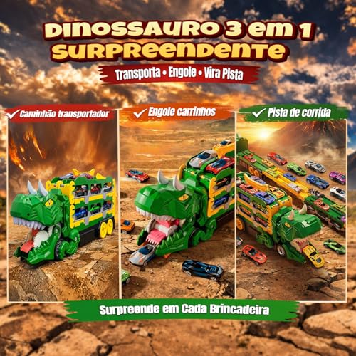 Caminhão Dinossauro 3 em 1 com Pista Dupla Dinossauro Brinquedo que Engole Carrinhos e Vira Pista de Corrida, Acompanha 4 Carrinhos de Metal, Ideal para Aniversário, Natal e Dia das Crianças