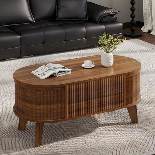 LYNCOHOME Fluted Lift Top Coffee Table with Hidden Compartment, Modern Oval Coffee Table for Living Room, Home Office, Walnut