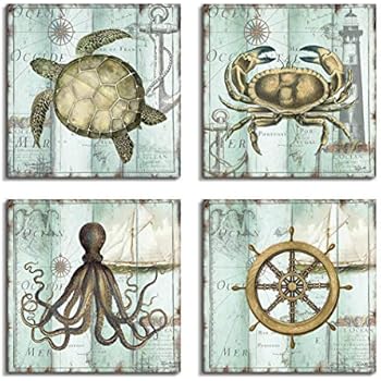 Vintage Rustic Nautical Beach Decor Anchor/Steering Wheel/Turtle Wall Art Ocean Decor Pictures For Bathroom Decorations - 4 Panel Canvas Painting Framed Artwork For Living room Office Bedroom Decor