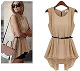 Aokin Women's Chiffon Slim Sleeveless Shirt Tops Blouse Belt Included