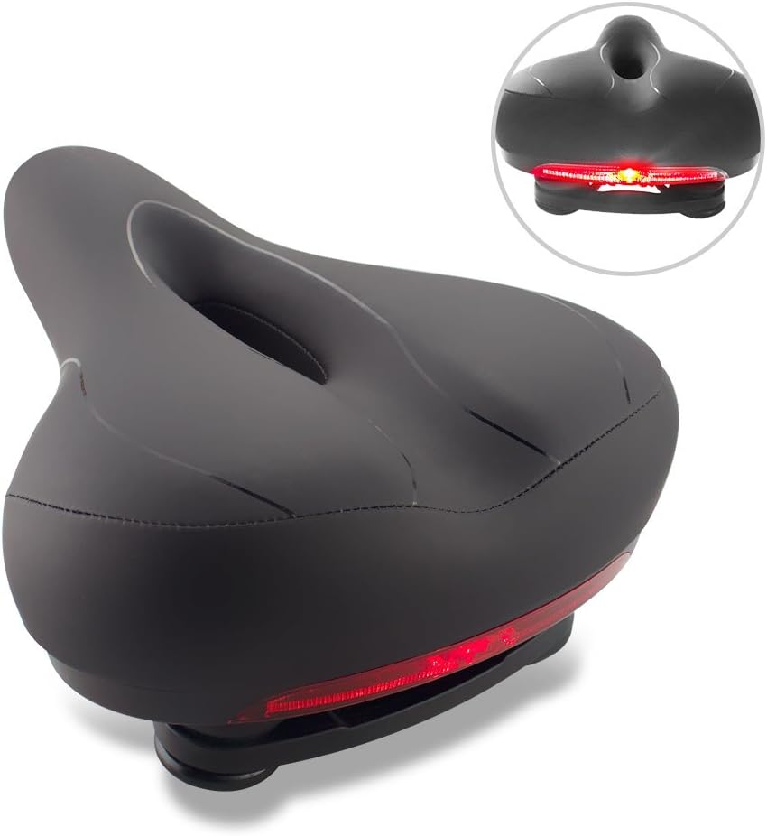 ATIVI Bike Seat, Comfortable Leather Wide Mountain Road Bike Seat Bicycle Saddle Cushion with Waterproof Safety Taillight for Men and Women (Black02(with Light))