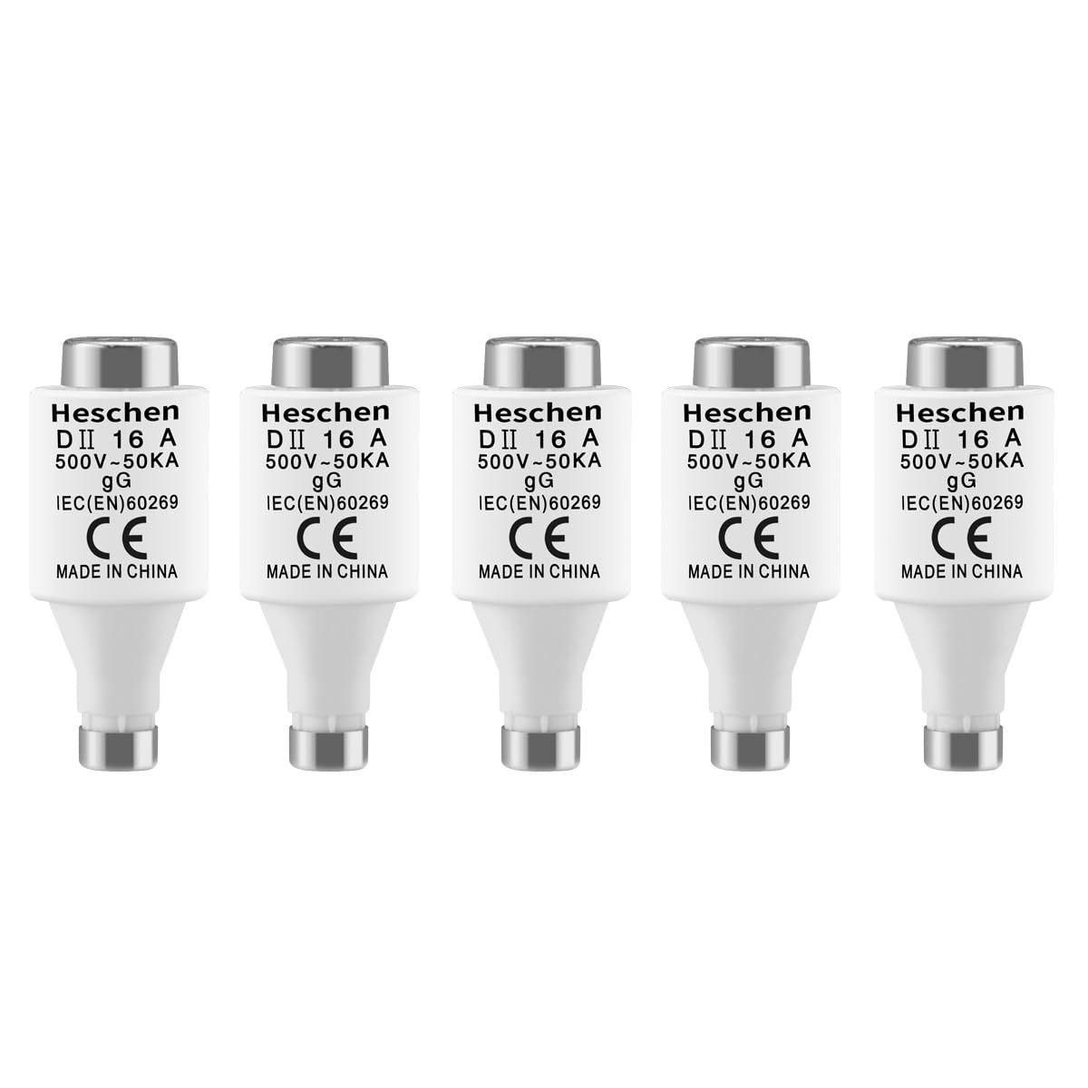 Heschen Ceramic Neozed Fuse Links, DII Type Fuse Link, 16A 500VAC, gG Type, for Cable and Line Protection, 5PCS