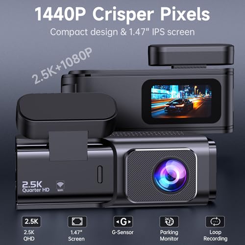 Dash Cam Front and Rear 2.5K+1080P, Ultra HD Dash Cam Built-in WiFi, Dual Car Camera with 170°Wide Angle, Super Night Vision Dashcam with 24H Parking Mode, G-Sensor, App Control, Loop Recording