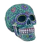Zeckos Floral Day of The Dead Aqua and Purple Sugar Skull Coin Bank