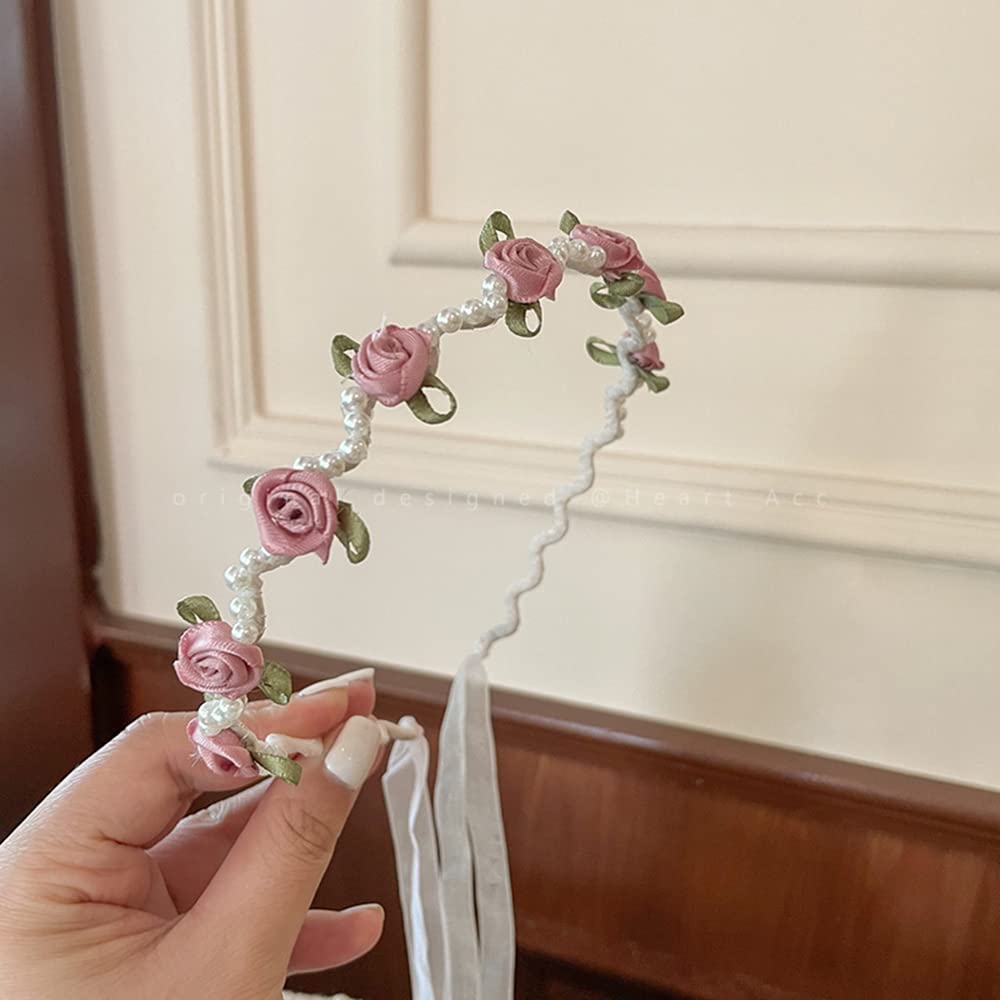 Headband, Hair Accessories for Women Girls, Fashion Flower Girl Headbandswith Tassels Hairband Flower Headwear with Pearl Beads, Pink