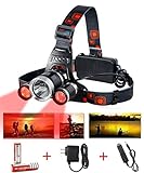 MakeTheOne Red Lighting Headlamp (1 x T6 White + 2 x R5 Red Light) 4 Mode LED Headlight Head Lamp for Hunting Camping Hiking Outdoor Activities with 2 Batteries + Charger + Car Charger