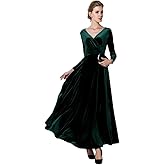 MedeShe Women's Christmas Long Sleeve V Neck Velvet Maxi Dress