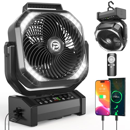 Camping Fan with LED Lantern, 20000mAh Rechargeable Battery Fan, Max 112Hrs Running,8 Speeds, Digital Display,4 Timer,Auto-Oscillating Table Fan with Remote & Hook for Camping, Power Outage, Hurricane