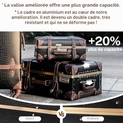 urecity Vintage Travel Suitcase Set with Digital Lock Luxury Cute Retro Cabin Luggage Sets 4 Wheels Suitcase (Black Crocodile Embossing, S(12")+L(26"))