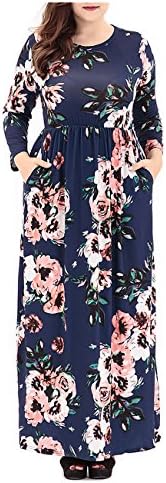 Women's Plus Size Boho Long Sleeve Floral Print Evening Maxi Dress With Pockets