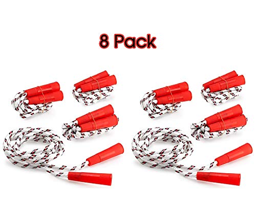 Kidsco Jump Rope Nylon Plastic Handles 6.5 Inches – 8 Pack - White Jumping Rope Red Stripes Handles Kids Adults - Sports, Outdoors, Fitness, Exercise, Fun, Play, Toy
