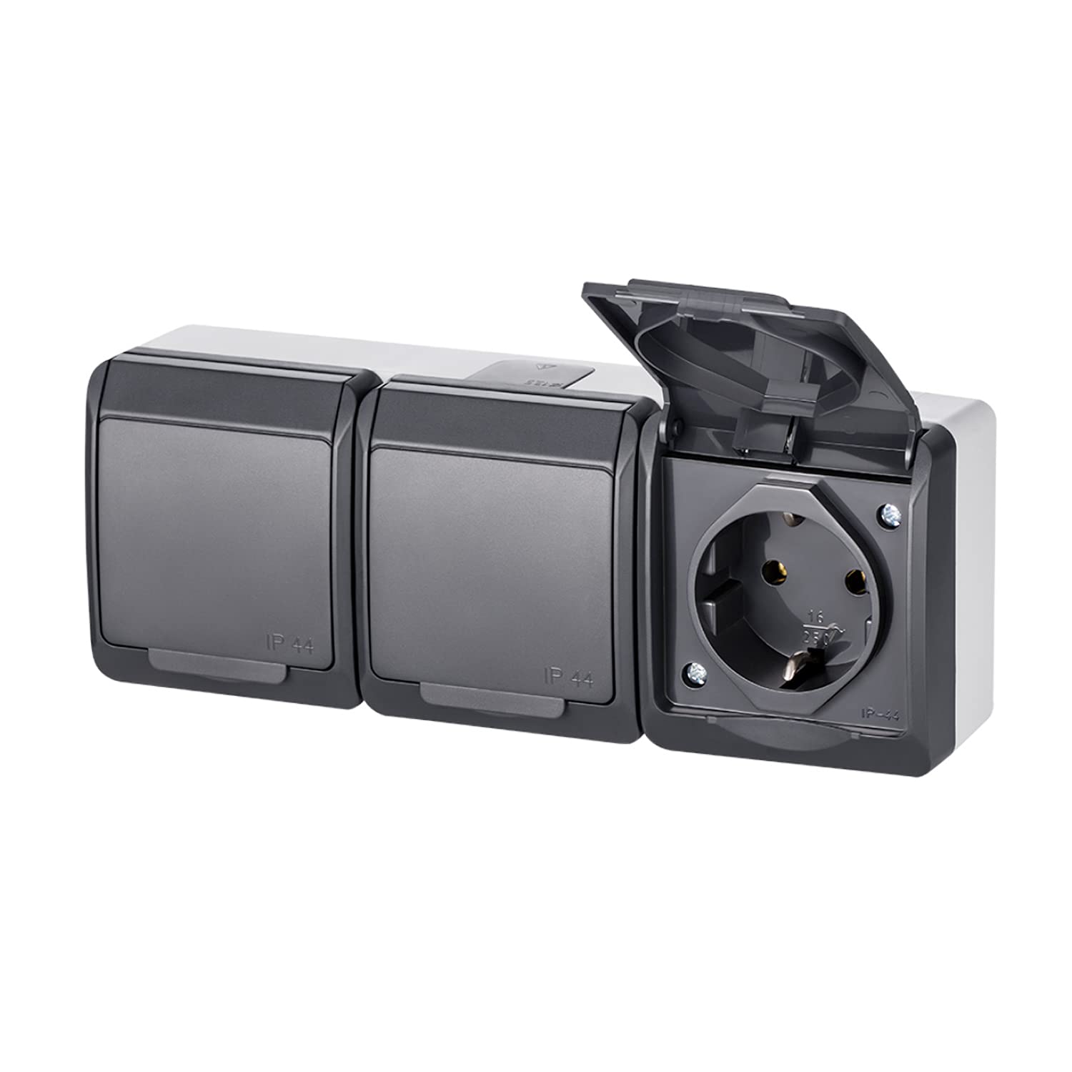ELEKTRO-PLAST Hermes Surface-Mounted 3-Way Triple Socket IP44 Waterproof Outdoor Anthracite Grey