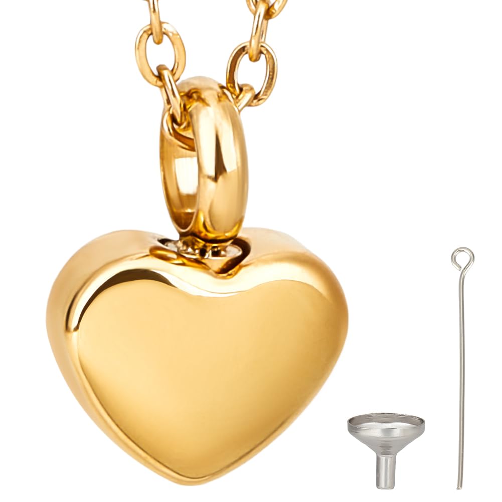 CREATCABIN Heart Urn Necklace for Ashes Keepsake Cremation Jewelry Stainless Steel Memorial Pendant Golden Mini Urn Necklace Waterproof Urn Pendant with Cable Chain Funnel Pin for Women Men 21.7Inch