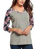 Meaneor Women's Long Sleeve V Neck Loose Shirt Floral Printed Raglan Top Tunic