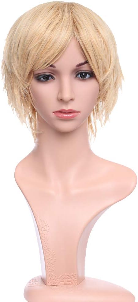 Short Curly Unisex Wig with Bangs Heat-resistant Synthetic Hair Pixie Cut Full Anime Wigs for Cosplay Costume Daily Highlighted Golden Blonde Bleach Blonde Mix