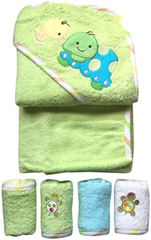 5 Piece Baby Wash Cloth Hooded Green Towel Set